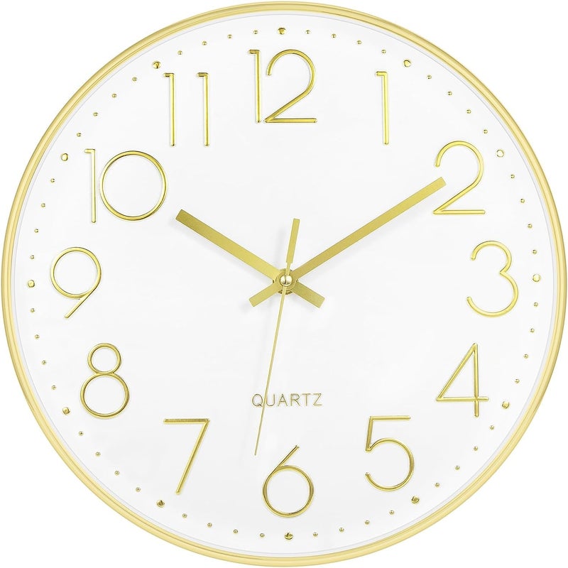 TEKCOOL Analogue Plastic Wall Clock 12" Silent Quartz Decorative Latest Wall Clock Non-Ticking Classic Clock Battery Operated Round Easy to Read for Home/Kitchen/Bedroom/Office/School - (Gold White). - Image 1
