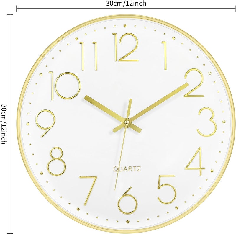 TEKCOOL Analogue Plastic Wall Clock 12" Silent Quartz Decorative Latest Wall Clock Non-Ticking Classic Clock Battery Operated Round Easy to Read for Home/Kitchen/Bedroom/Office/School - (Gold White). - Image 3