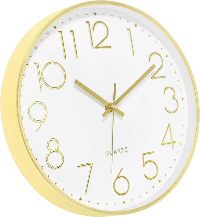 TEKCOOL Analogue Plastic Wall Clock 12" Silent Quartz Decorative Latest Wall Clock Non-Ticking Classic Clock Battery Operated Round Easy to Read for Home/Kitchen/Bedroom/Office/School - (Gold White). - Image 4