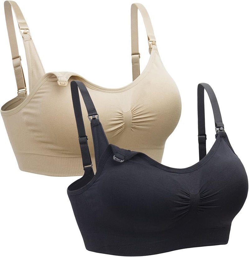 Moppets Seamless Ultra Comfort Maternity & Feeding Bra, Natural Shape, Pregnancy Sleep Bralette, Hands Free Pumping Bra - Pack of 2 (Black+Beige) - Image 1