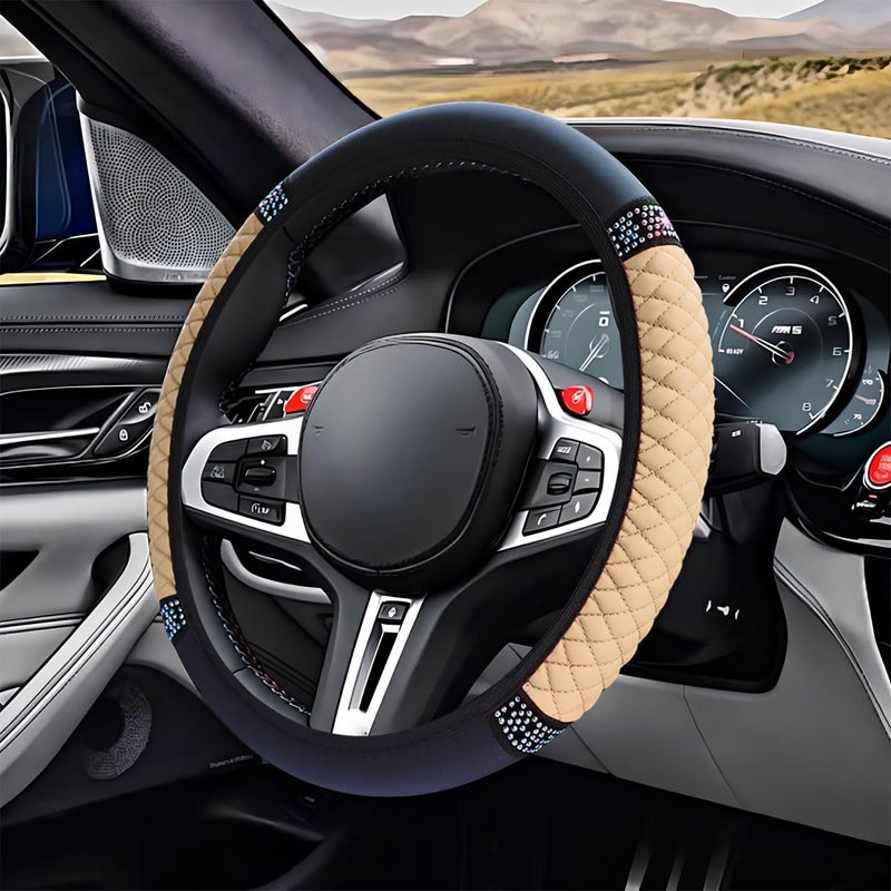 ZIMISI Bling Soft Leather Steering Wheel Cover 15 AntiSlip Sparkly Crystal Auto Elastic Steering Wheel Protector for Women Girl Colorful Diamond Car Interior Accessory for Most Cars Beige - Image 3