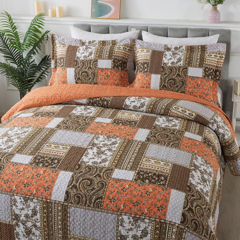 BEDIFANY Farmhouse Cotton Quilts Queen Size for Fall - Lightweight Patchwork Autumn Bedspread Set for Bed Coverlet - Highly-Woven Soft Reversible Bed Spread for All Seasons (Floral Orange) 3 Pieces - Image 2