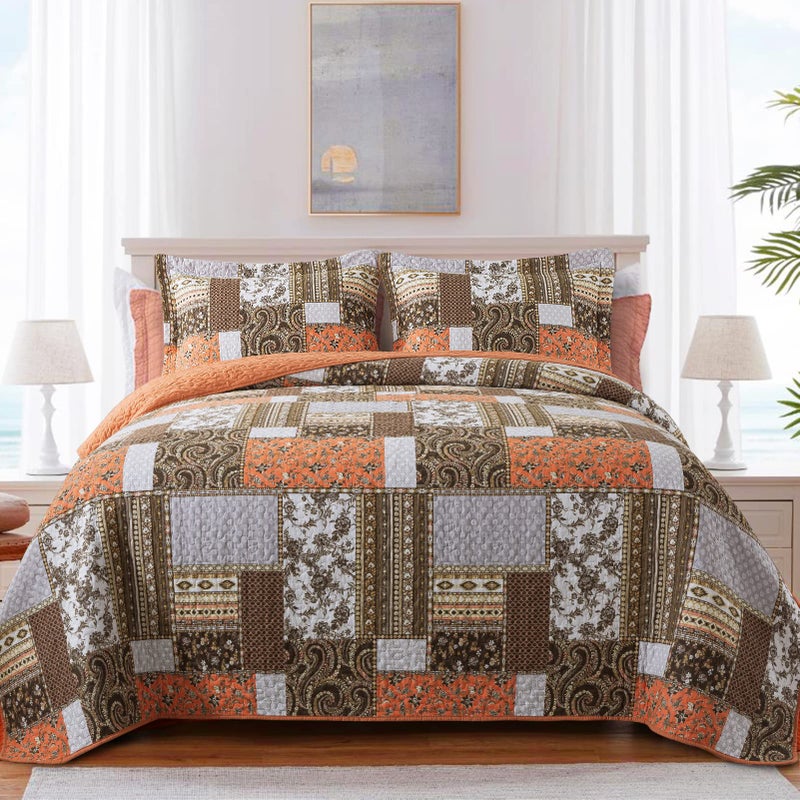 BEDIFANY Farmhouse Cotton Quilts Queen Size for Fall - Lightweight Patchwork Autumn Bedspread Set for Bed Coverlet - Highly-Woven Soft Reversible Bed Spread for All Seasons (Floral Orange) 3 Pieces - Image 1