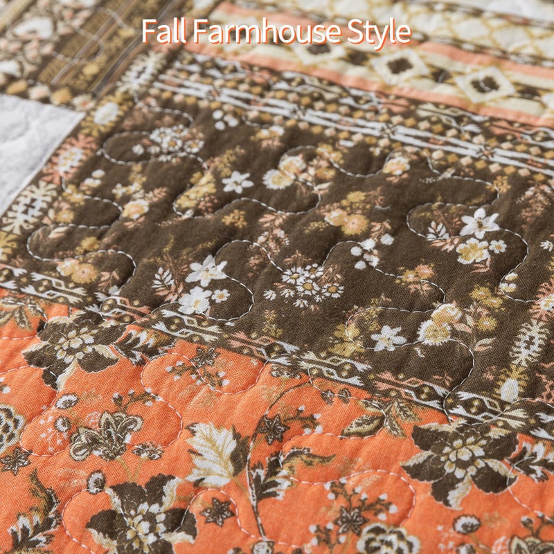 BEDIFANY Farmhouse Cotton Quilts Queen Size for Fall - Lightweight Patchwork Autumn Bedspread Set for Bed Coverlet - Highly-Woven Soft Reversible Bed Spread for All Seasons (Floral Orange) 3 Pieces - Image 5