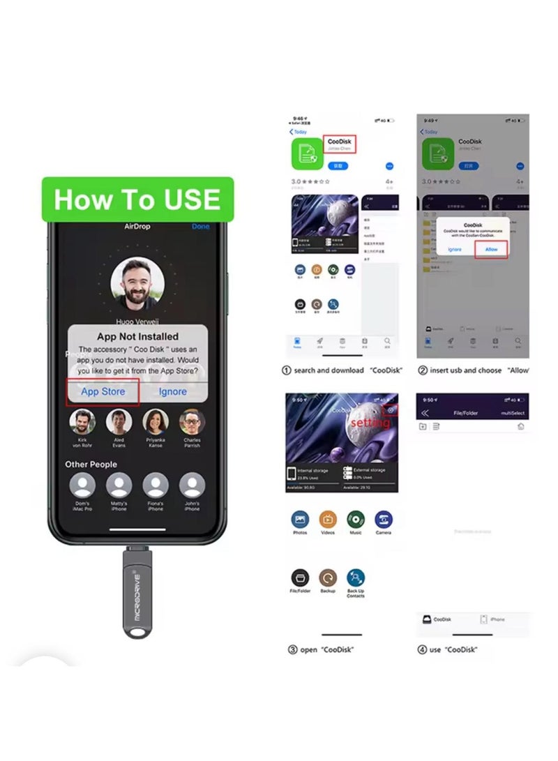مايكرو درايف 128 جيجابايت فلاش ميموري مزدوج (USB + آيفون) لحفظ ونقل الملفات بسهولة - Image 4
