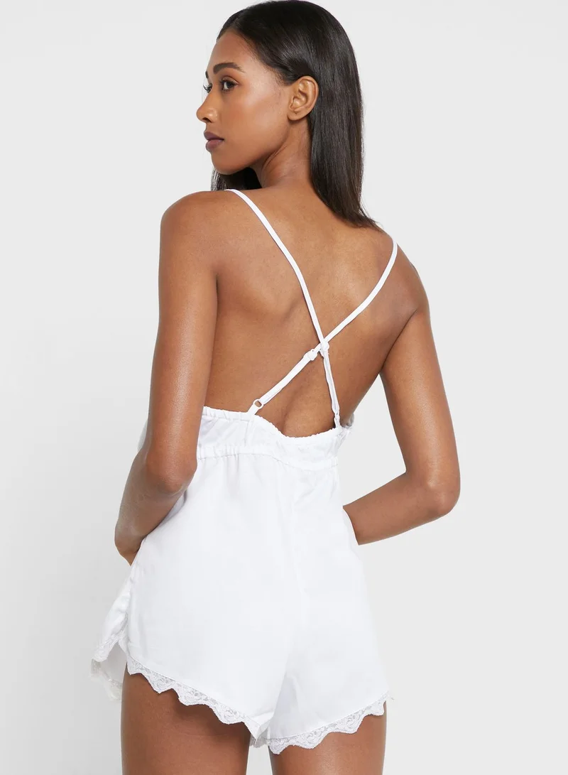 Ivory Rose Bridal Plunge Satin Teddy White