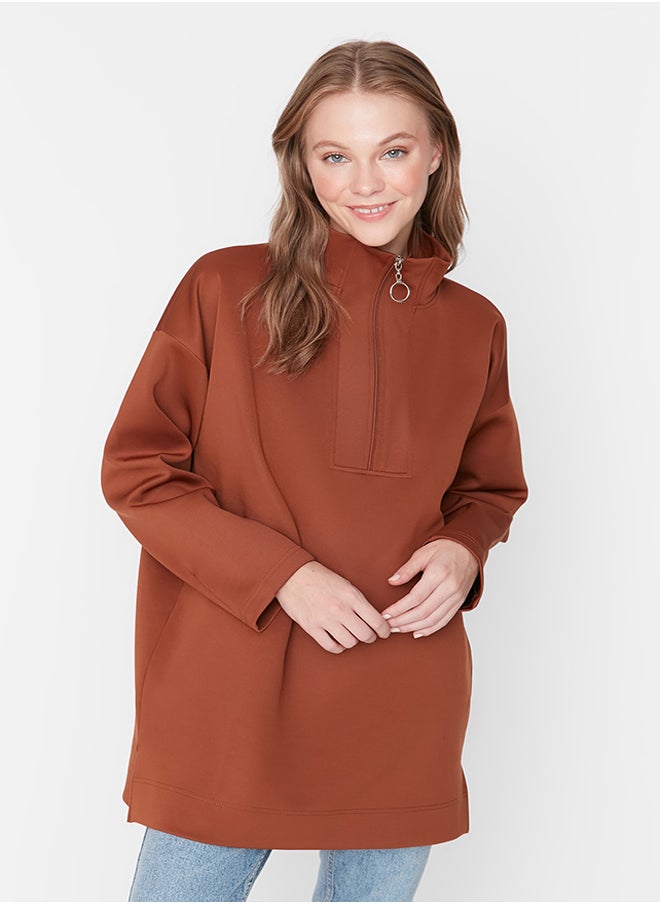 trendyol - Brown Zipper Detailed Diver/Scuba Oversize Knitted Sweatshirt TCTAW23TW00198 - Image 1