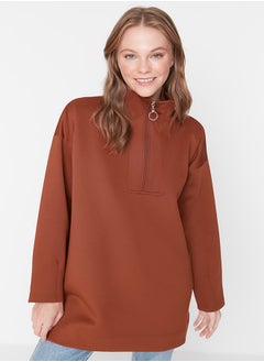 trendyol Brown Zipper Detailed Diver/Scuba Oversize Knitted Sweatshirt TCTAW23TW00198  - Image 2