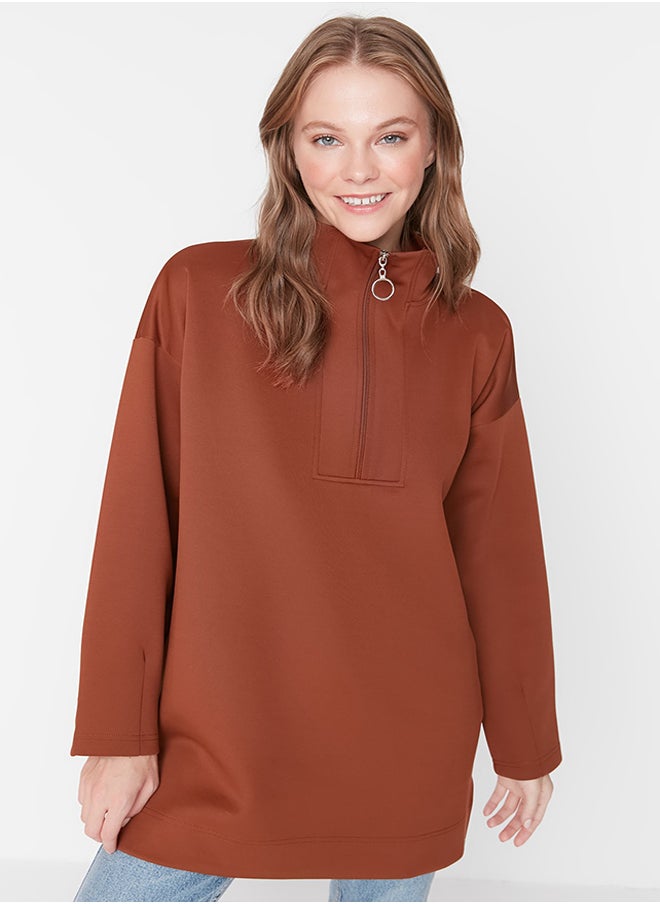 trendyol - Brown Zipper Detailed Diver/Scuba Oversize Knitted Sweatshirt TCTAW23TW00198 - Image 1
