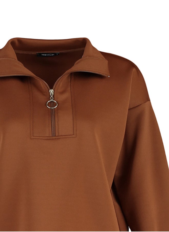 trendyol - Brown Zipper Detailed Diver/Scuba Oversize Knitted Sweatshirt TCTAW23TW00198 - Image 1