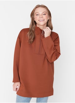 trendyol Brown Zipper Detailed Diver/Scuba Oversize Knitted Sweatshirt TCTAW23TW00198  - Image 3