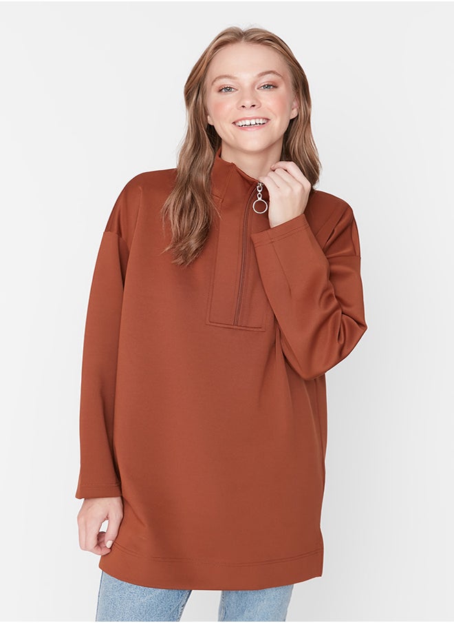 trendyol - Brown Zipper Detailed Diver/Scuba Oversize Knitted Sweatshirt TCTAW23TW00198 - Image 1