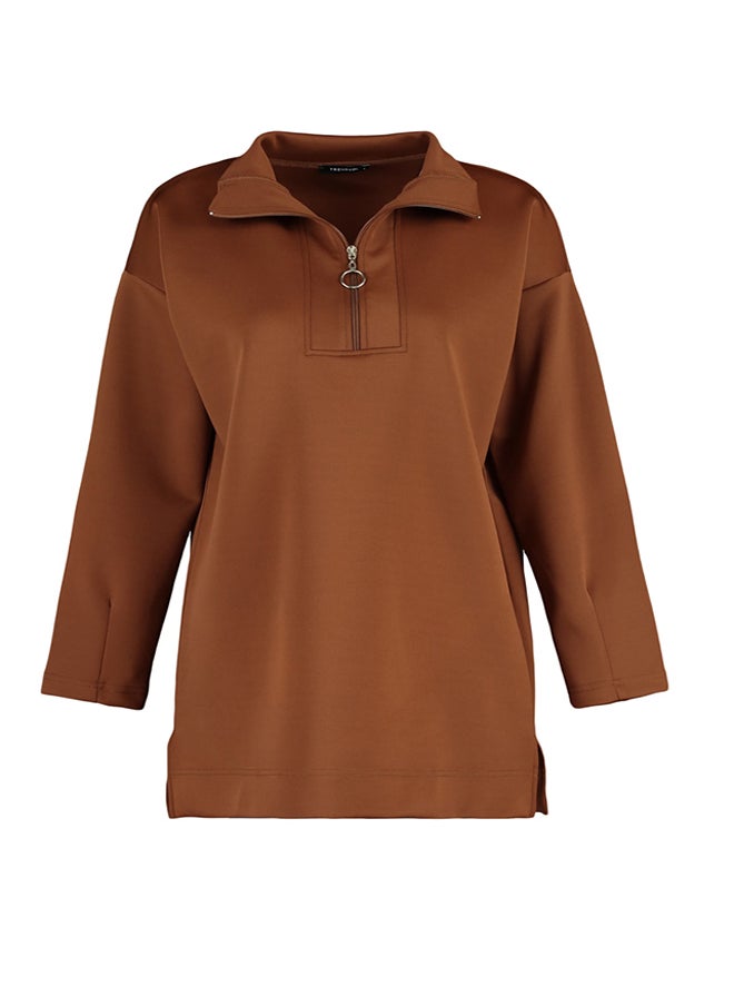 trendyol - Brown Zipper Detailed Diver/Scuba Oversize Knitted Sweatshirt TCTAW23TW00198 - Image 1