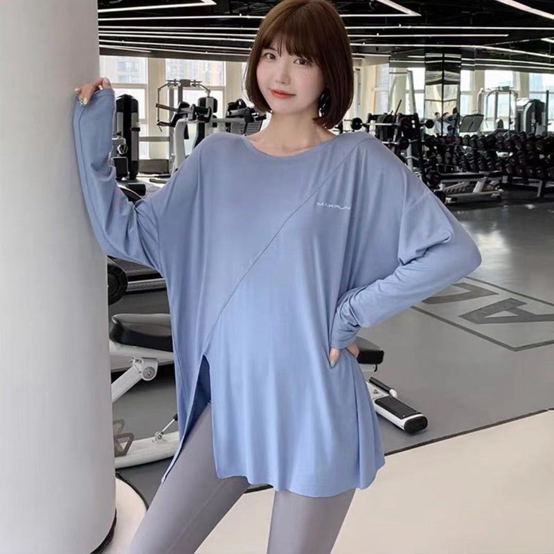 Generic Quick-drying T-shirt Yoga Top Split Sports Top Womens Loose Running Blouse plus size chubby girl Fitness Wear Long Sleeve Blue long sleeve 878 "regular] 