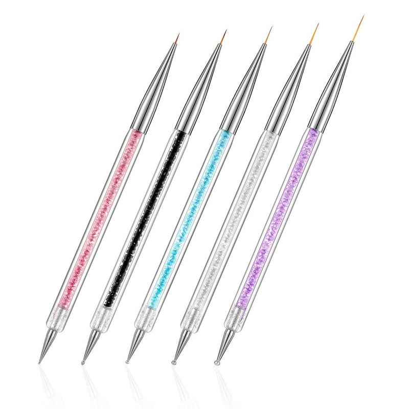 FULINJOY 5 Pcs Nail Art Liner Brushes Dualended Nail Art Point Drill Drawing Brush Pen Dotting Tools Set Nail Design Liner Brushes and Dotting Pen