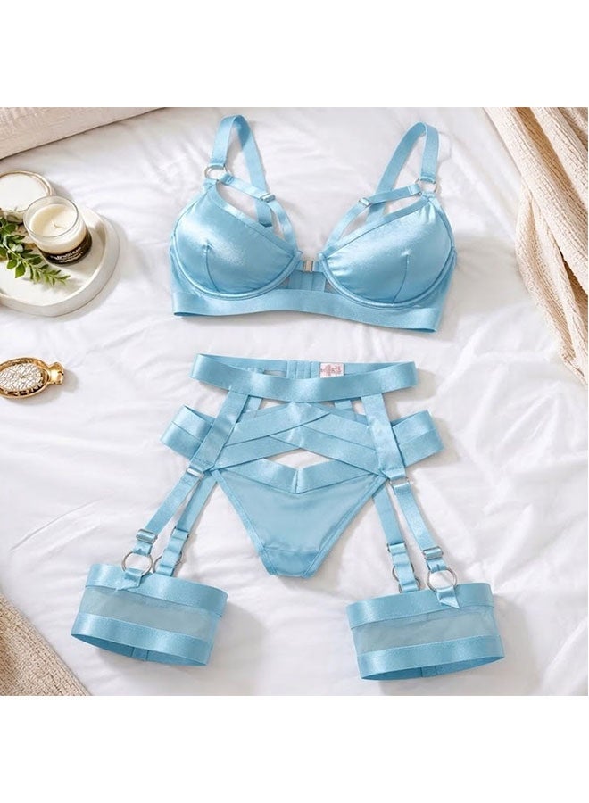 MARGOUN Women's 4-Piece Strappy Lingerie Set with Garter Belt, Underwire Strappy Bra, Cutout High-Waisted Cincher, Thong, and Thigh-High Stockings Exotic Underwear Ensemble - Light Blue - Image 4