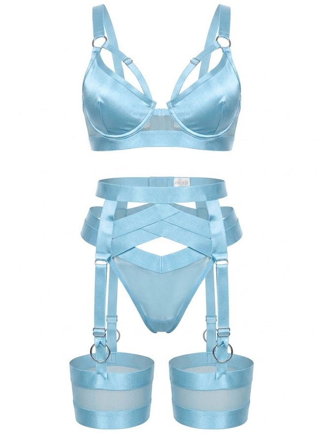MARGOUN Women's 4-Piece Strappy Lingerie Set with Garter Belt, Underwire Strappy Bra, Cutout High-Waisted Cincher, Thong, and Thigh-High Stockings Exotic Underwear Ensemble - Light Blue - Image 3
