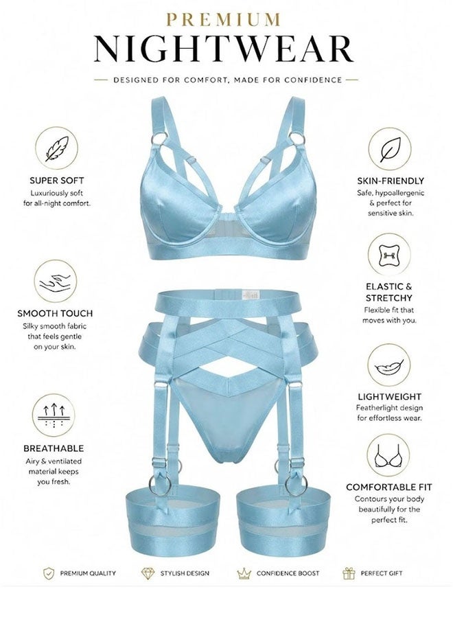 MARGOUN Women's 4-Piece Strappy Lingerie Set with Garter Belt, Underwire Strappy Bra, Cutout High-Waisted Cincher, Thong, and Thigh-High Stockings Exotic Underwear Ensemble - Light Blue - Image 2