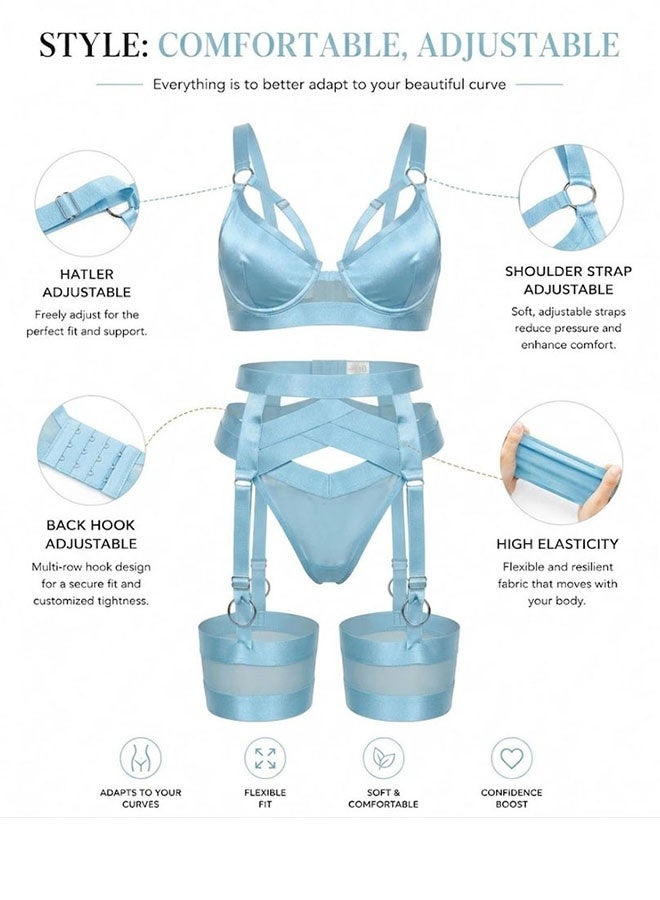 MARGOUN Women's 4-Piece Strappy Lingerie Set with Garter Belt, Underwire Strappy Bra, Cutout High-Waisted Cincher, Thong, and Thigh-High Stockings Exotic Underwear Ensemble - Light Blue - Image 5