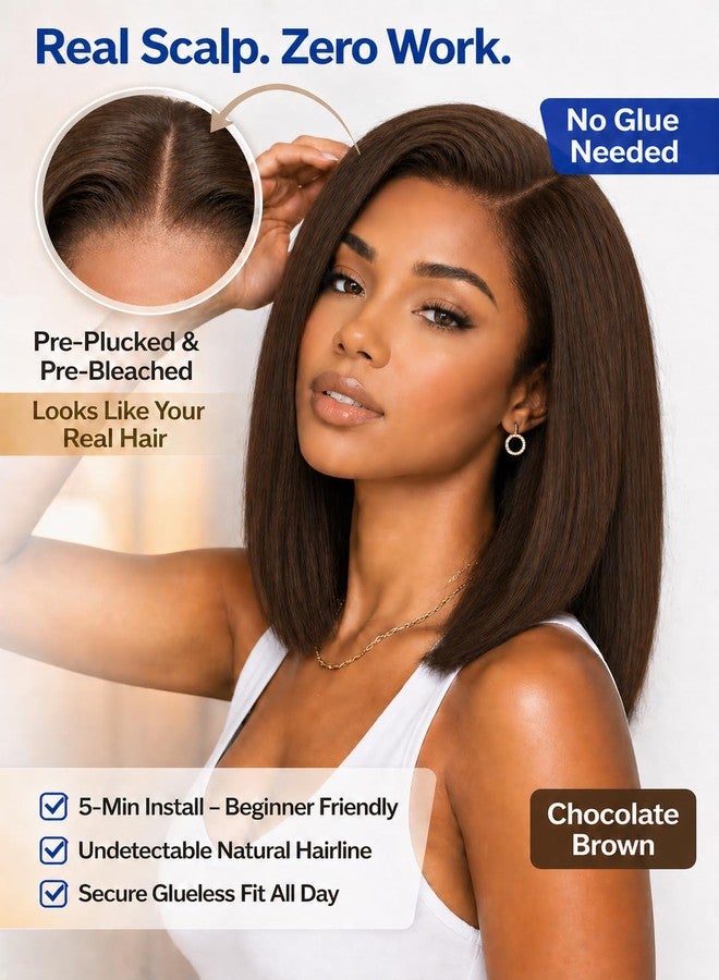 Nadula Dark Chocolate Brown Yaki Straight Bob Drawstring Wig Human Hair Side Part with No Slip Cap,Glueless 7x5 Bye Bye Knots Wig Pre Cut/Plucked/Bleached Ready to Go Yaki Bob Wig 150 Density 10inch - Image 3