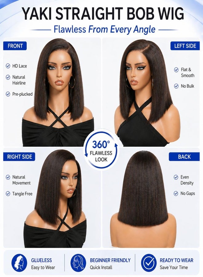 Nadula Dark Chocolate Brown Yaki Straight Bob Drawstring Wig Human Hair Side Part with No Slip Cap,Glueless 7x5 Bye Bye Knots Wig Pre Cut/Plucked/Bleached Ready to Go Yaki Bob Wig 150 Density 10inch - Image 4