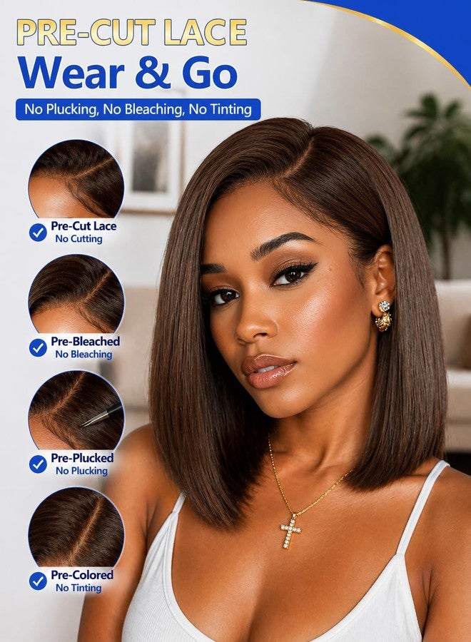 Nadula Dark Chocolate Brown Yaki Straight Bob Drawstring Wig Human Hair Side Part with No Slip Cap,Glueless 7x5 Bye Bye Knots Wig Pre Cut/Plucked/Bleached Ready to Go Yaki Bob Wig 150 Density 10inch - Image 2