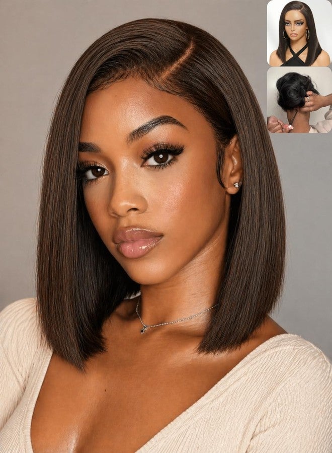Nadula Dark Chocolate Brown Yaki Straight Bob Drawstring Wig Human Hair Side Part with No Slip Cap,Glueless 7x5 Bye Bye Knots Wig Pre Cut/Plucked/Bleached Ready to Go Yaki Bob Wig 150 Density 10inch - Image 1