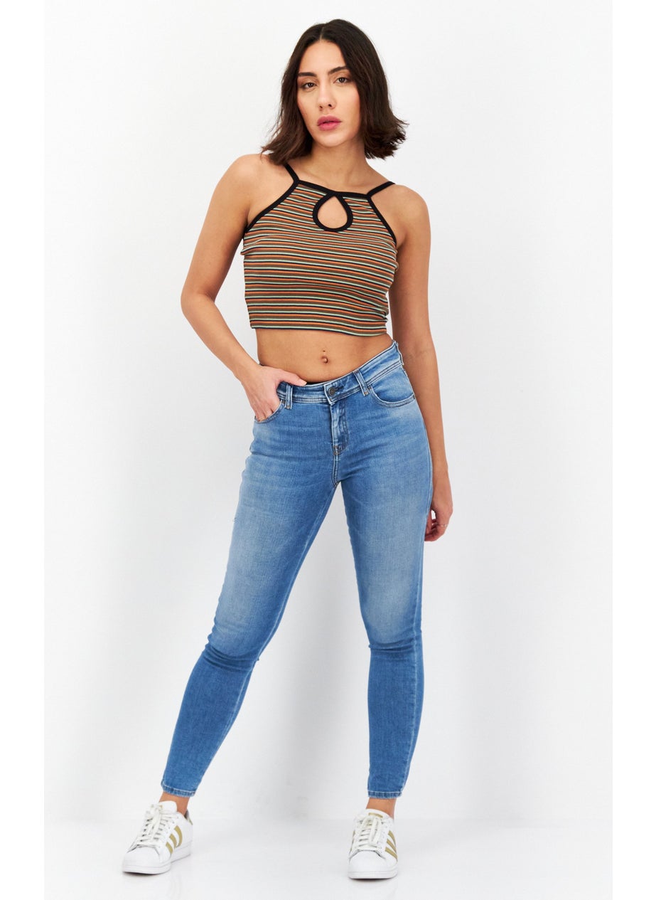 X-Girl - Women Keyhole Sleeveless Stripe  Tank Top, Orange Combo - Image 1