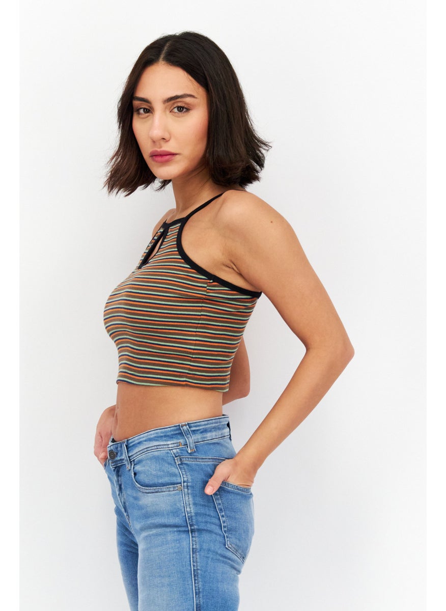 X-Girl - Women Keyhole Sleeveless Stripe  Tank Top, Orange Combo - Image 1