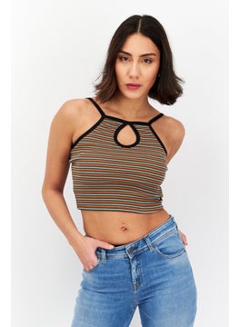 Women Keyhole Sleeveless Stripe  Tank Top, Orange Combo