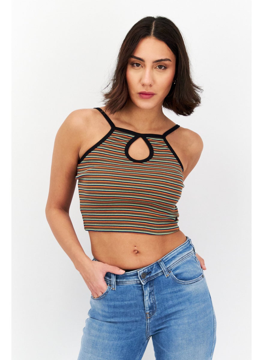 X-Girl - Women Keyhole Sleeveless Stripe  Tank Top, Orange Combo - Image 1