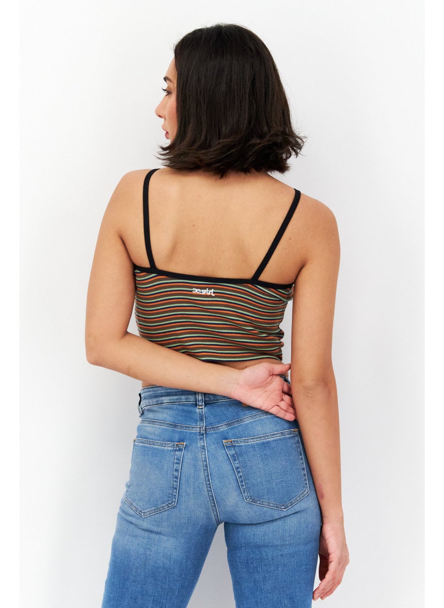 X-Girl - Women Keyhole Sleeveless Stripe  Tank Top, Orange Combo - Image 1