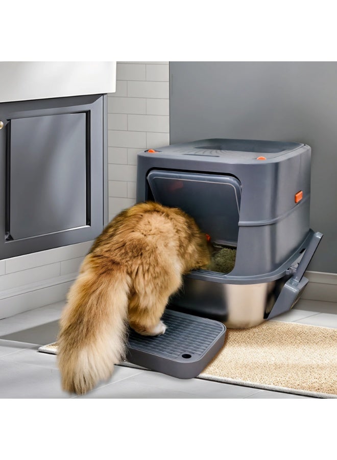 ويسفور صندوق قمامة قطط مغلق من الفولاذ المقاوم للصدأ، صندوق قمامة معدني عالي الجوانب مع غطاء، تصميم مغلق مقاوم للرذاذ للقطط الكبيرة الطول * العرض * الارتفاع 58 × 42 × 42 سم - Image 4