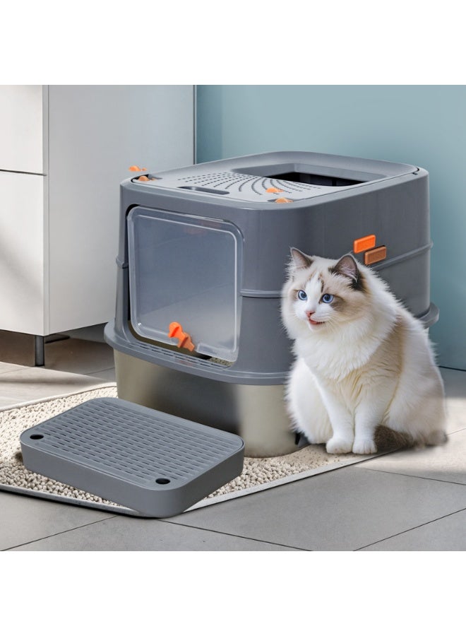 ويسفور صندوق قمامة قطط مغلق من الفولاذ المقاوم للصدأ، صندوق قمامة معدني عالي الجوانب مع غطاء، تصميم مغلق مقاوم للرذاذ للقطط الكبيرة الطول * العرض * الارتفاع 58 × 42 × 42 سم - Image 5