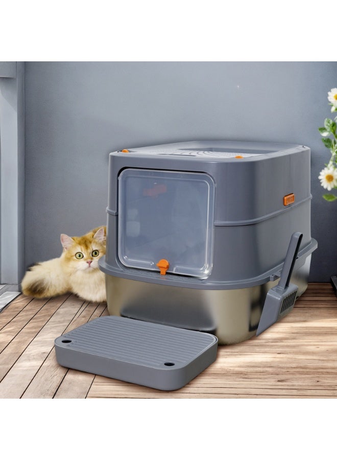 ويسفور صندوق قمامة قطط مغلق من الفولاذ المقاوم للصدأ، صندوق قمامة معدني عالي الجوانب مع غطاء، تصميم مغلق مقاوم للرذاذ للقطط الكبيرة الطول * العرض * الارتفاع 58 × 42 × 42 سم - Image 3