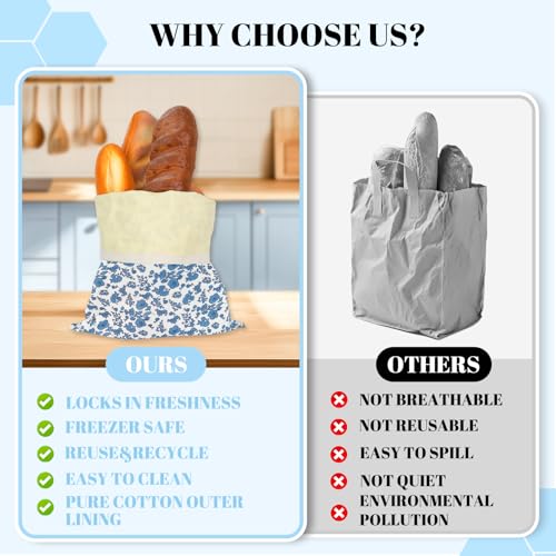 EHZYP 2 Pack Beeswax Bread Bags 17x13 Inch Reusable Bread Storage BagsBees Wax Lined Bread Bags for Home Cooks fresh bread storage Easy Clean Blue Floral - Image 3