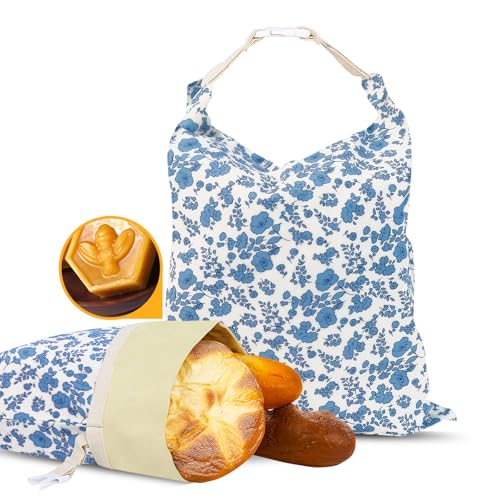 EHZYP 2 Pack Beeswax Bread Bags 17x13 Inch Reusable Bread Storage BagsBees Wax Lined Bread Bags for Home Cooks fresh bread storage Easy Clean Blue Floral - Image 1