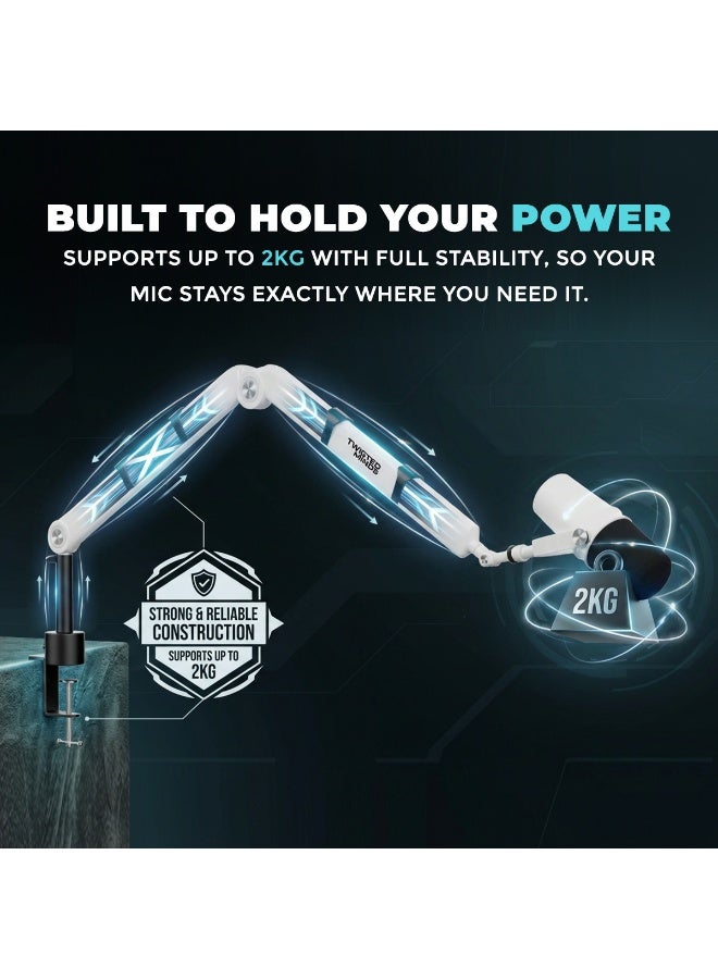 Twisted Minds TM-F111-HP Flex I Series Microphone Arm Stand, 360° Adjustable, Dual Arms (30cm+30cm), 2kg Capacity, 3/8” & 5/8” Compatible, Desk Mount – White - Image 4