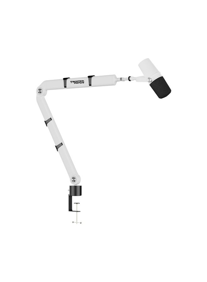 Twisted Minds TM-F111-HP Flex I Series Microphone Arm Stand, 360° Adjustable, Dual Arms (30cm+30cm), 2kg Capacity, 3/8” & 5/8” Compatible, Desk Mount – White - Image 1
