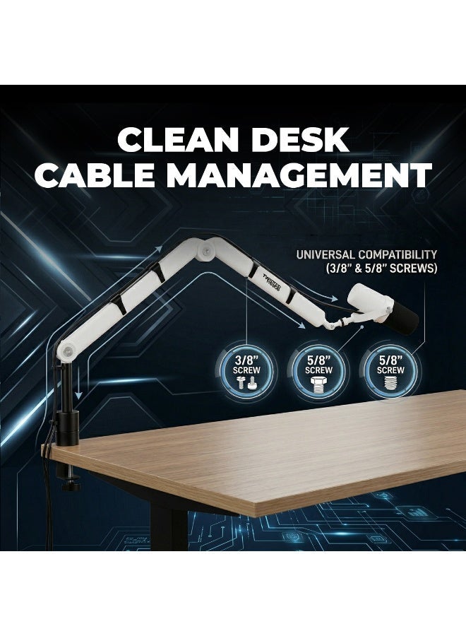 Twisted Minds TM-F111-HP Flex I Series Microphone Arm Stand, 360° Adjustable, Dual Arms (30cm+30cm), 2kg Capacity, 3/8” & 5/8” Compatible, Desk Mount – White - Image 2