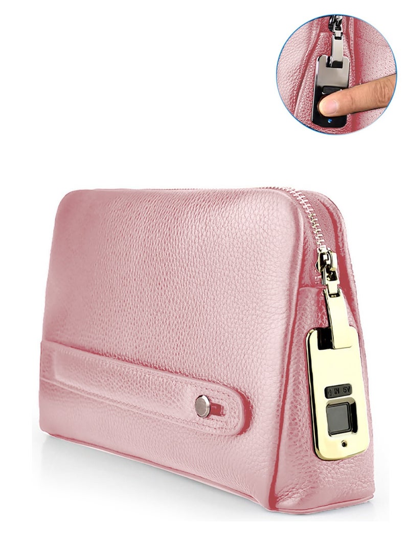 Wtech Leather Fingerprint Lock Bag for Men And Women Hand Bag Male Long Money Wallets Mobile Phone Pouch Smart Lock System Clutch Bag - Pink - Image 1