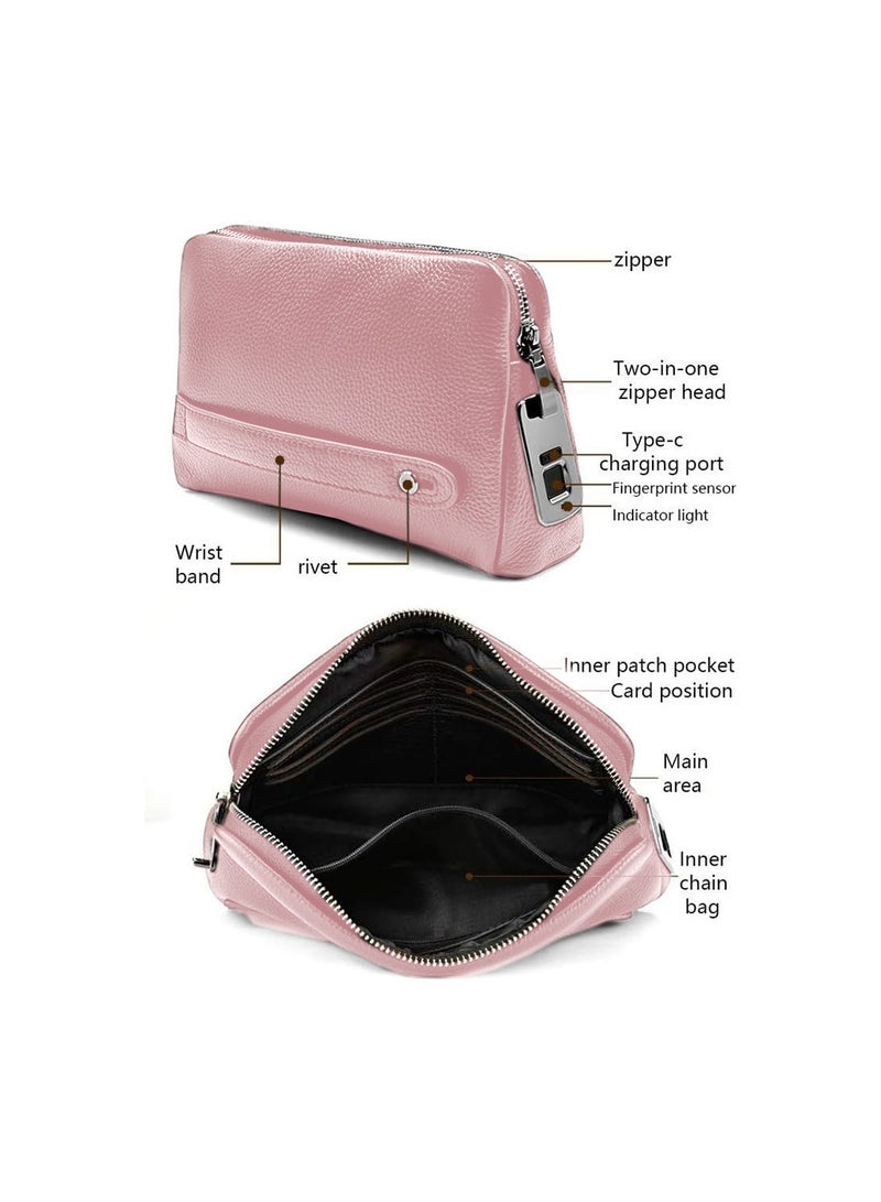 Wtech Leather Fingerprint Lock Bag for Men And Women Hand Bag Male Long Money Wallets Mobile Phone Pouch Smart Lock System Clutch Bag - Pink - Image 4