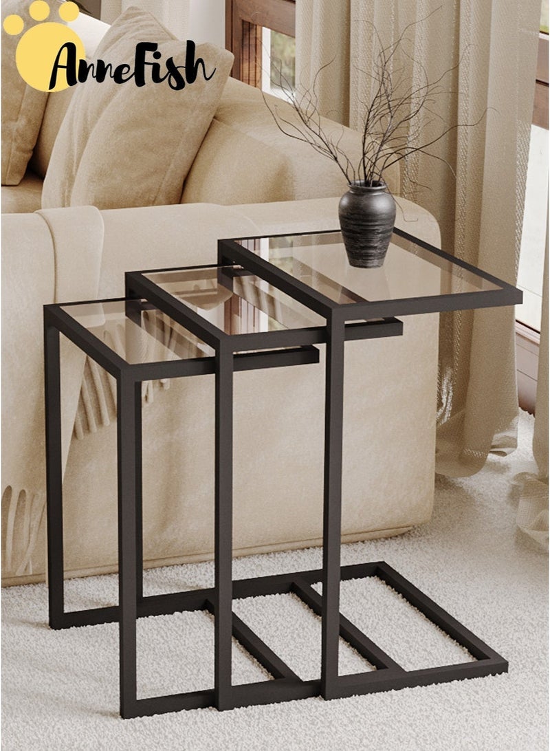 AnneFish 6Pcs C-Shaped Tempered Glass Coffee Table Service Table Sofa Side Nesting Table End Table Bedside Table Snack Table with Metal Frame For Living Room - Image 2