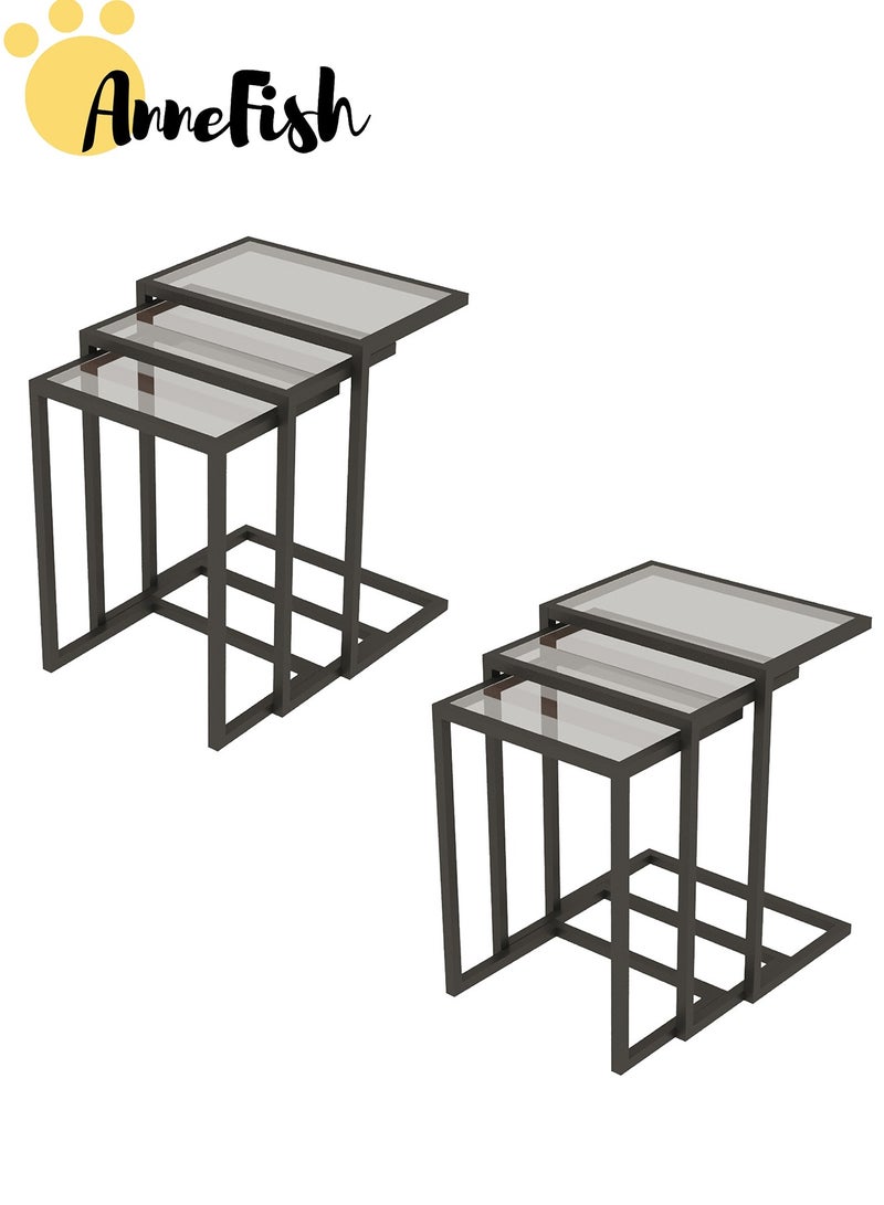 AnneFish 6Pcs C-Shaped Tempered Glass Coffee Table Service Table Sofa Side Nesting Table End Table Bedside Table Snack Table with Metal Frame For Living Room - Image 1