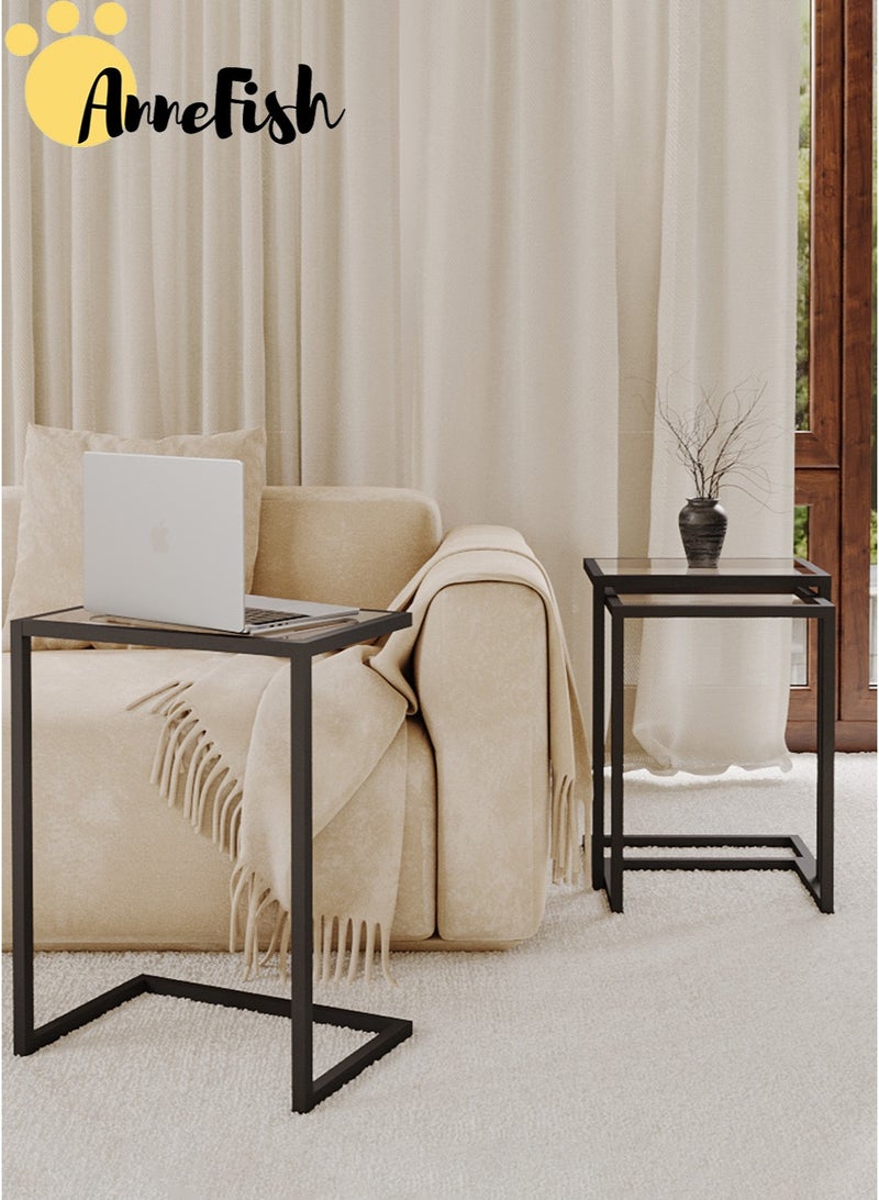 AnneFish 6Pcs C-Shaped Tempered Glass Coffee Table Service Table Sofa Side Nesting Table End Table Bedside Table Snack Table with Metal Frame For Living Room - Image 4