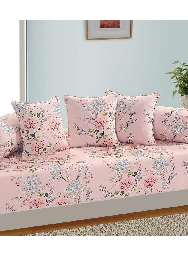 Swayam Diwan Set Cotton 6 Piece Diwan Printed Bedsheet Set for Living Room Hall (Set of 6 Piece, 1 Diwan Sheet | 2-Bolster Cover | 3 Cushion Covers) Soft Feel, Floral Pink & Grey - Image 2