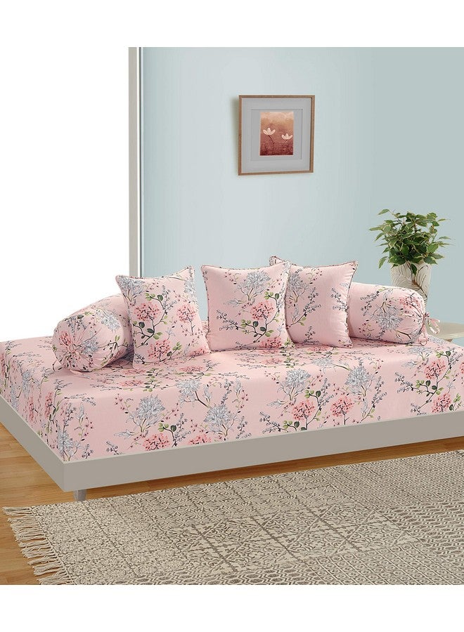 Swayam Diwan Set Cotton 6 Piece Diwan Printed Bedsheet Set for Living Room Hall (Set of 6 Piece, 1 Diwan Sheet | 2-Bolster Cover | 3 Cushion Covers) Soft Feel, Floral Pink & Grey - Image 1