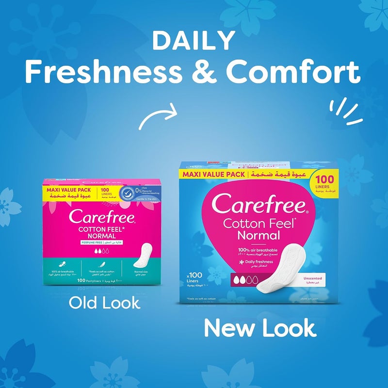 Carefree Cotton Feel Perfume Free Panty Liners, 100% Breathable, Normal Size, Pack of 100 - Image 2