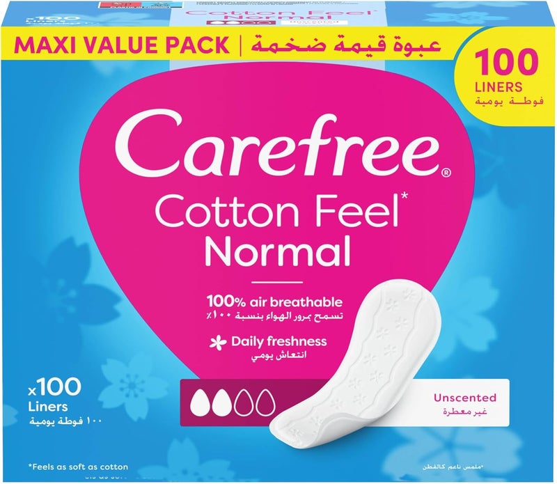 Carefree Cotton Feel Perfume Free Panty Liners, 100% Breathable, Normal Size, Pack of 100 - Image 1