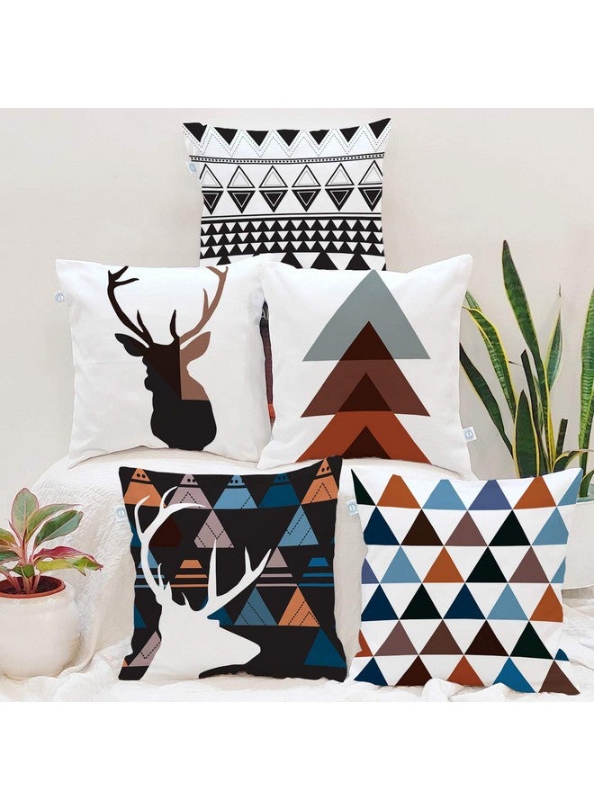STITCHNEST Set of 5 Polycotton Cushion Covers - 18x18 Inches - Multicolor Deer & Triangle Geometric Prints - Modern Cushion Covers for Sofa & Living Room Decor - Image 1